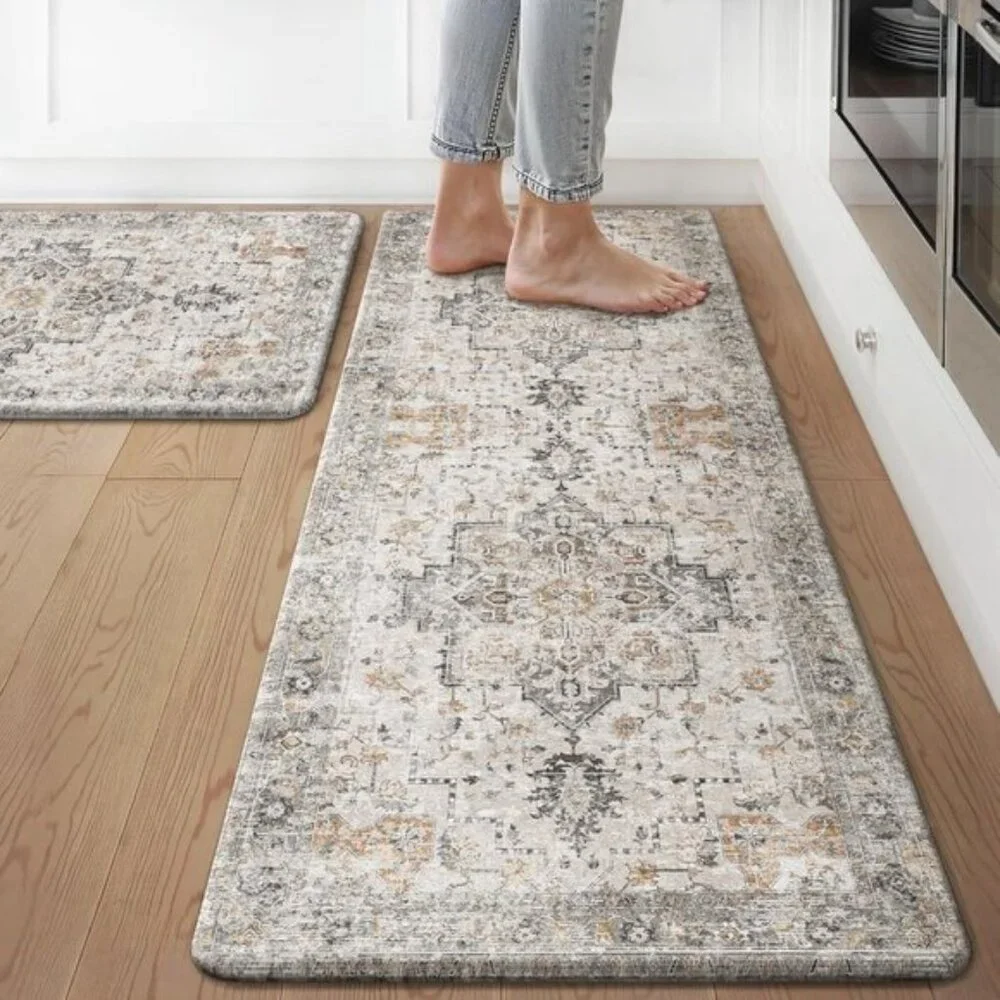 2PC Kitchen Mats, Washable Anti-Fatigue Cushioned Non-Slip Rugs in Taupe Brown